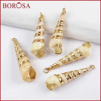 

BOROSA 20PCS Natural White Long Sea Shell Pendant with Gold Trim Natural Trumpet Conch Shell Pendant Beads for Necklace WX1025