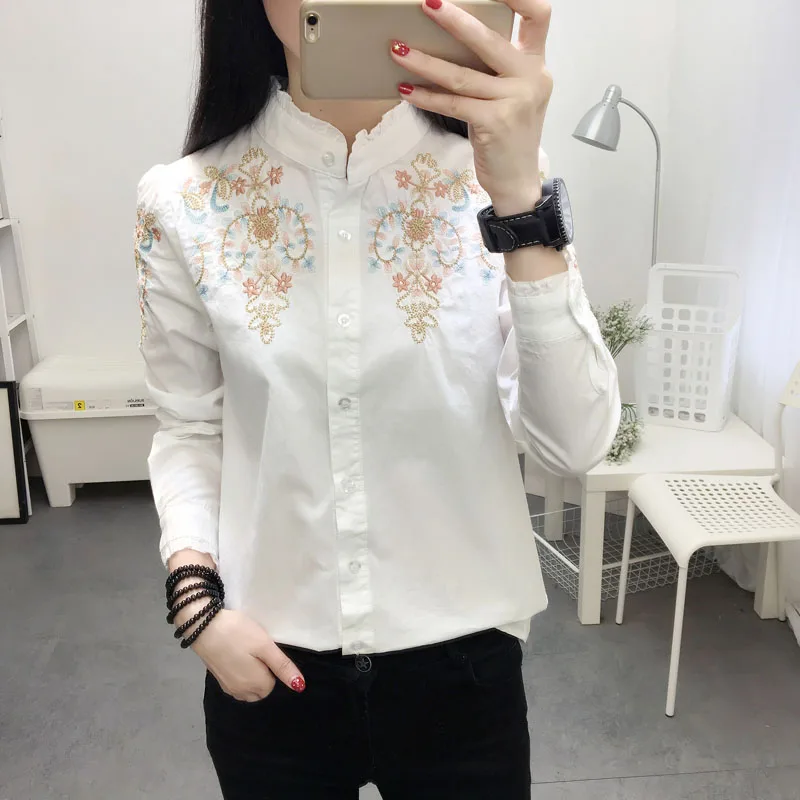  2019 summer new embroidery flower women blouse and shirts 100% cotton slim office lady causal white