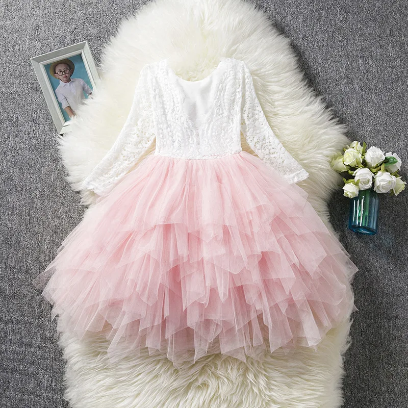 

Autumn&Winter Layered Long Sleeve Party Prom Costume Kids Pageant Backless Hollow out Children Clothes Infant Girls Dresses