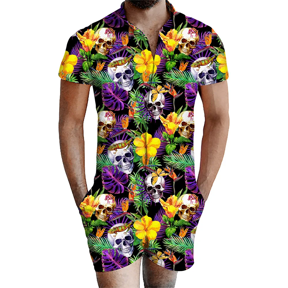 

S-3XL 3d Skull Printed Men Summer Casual Adult Onesie One Piece Slim Fit Set Jumpsuit Fashion 3D Print Short Sleeve Men Rompers/