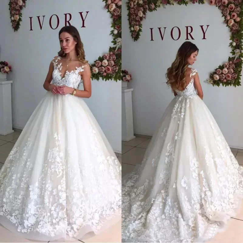 

2019 Elegant Plus Size Wedding Dresses Sheer Neck Cap Sleeves vestido de noiva Backless Beach A Line Lace Bridal Gowns