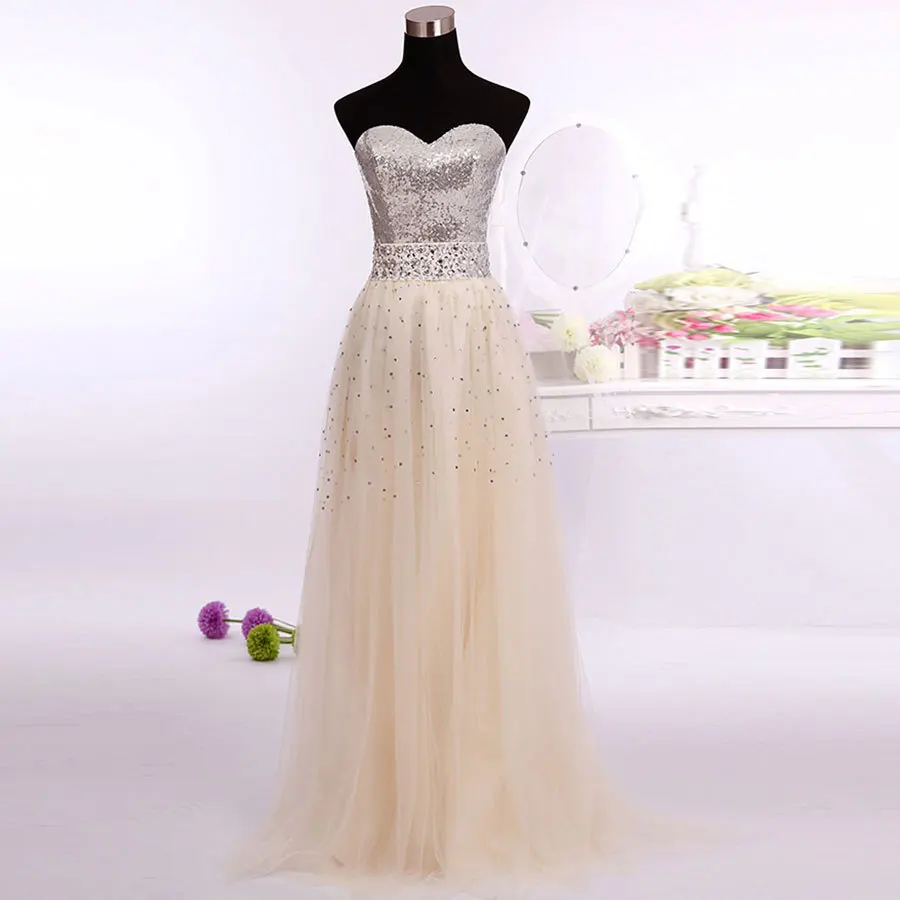 

Ready To Ship Long sweetheart a-line champangne Formal prom Dress long with sequined court train Under free shipping