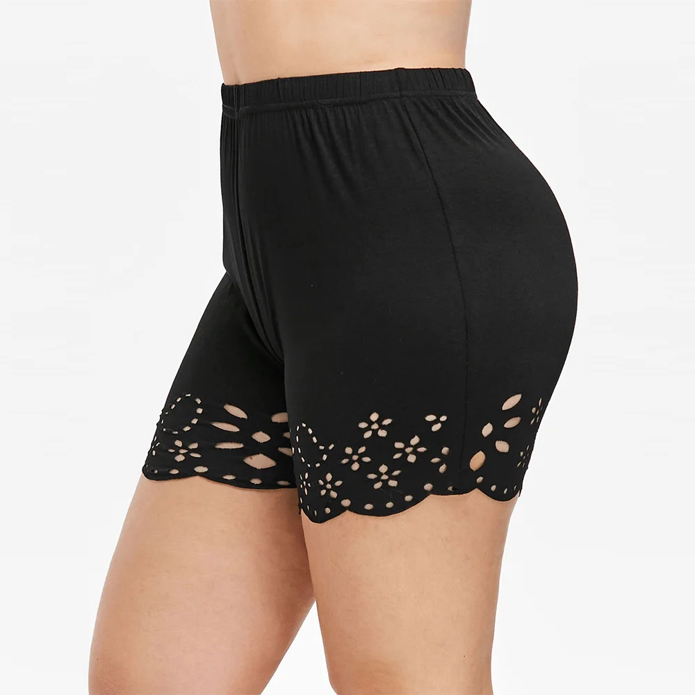 

Rosegal Plus Size Laser Cut Short Leggings Skinny High Waist Solid Short Leggings Women Summer Safe Push Up Leggings 2019
