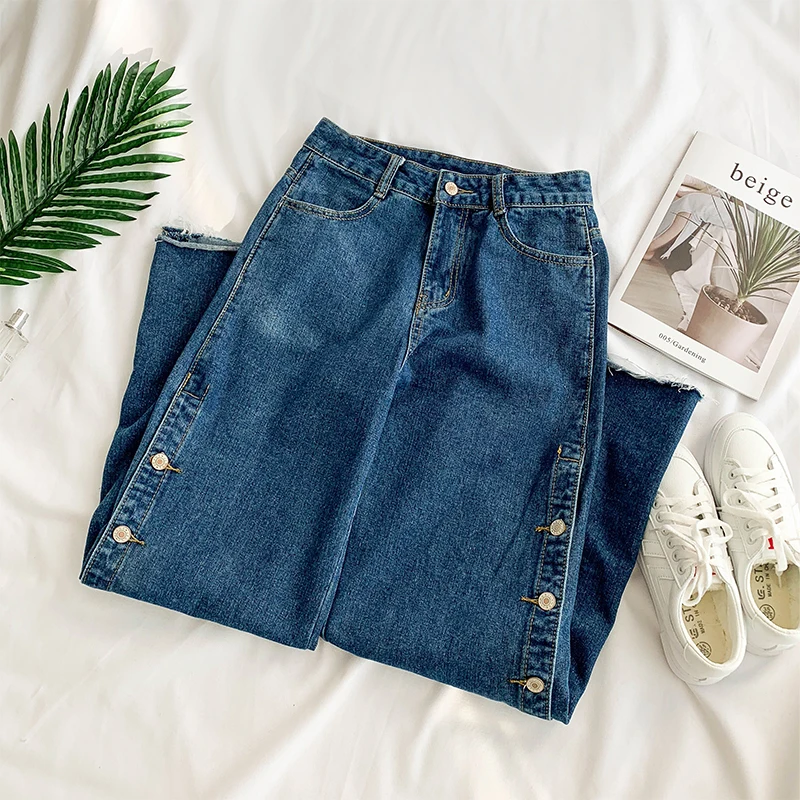 Woen джинсы передние однобортные с высокой талией длиной до щиколотки брюки на молнии Кнопки свободные широкие брюки весна