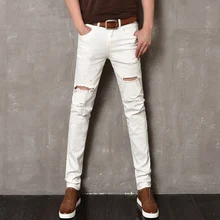 2016 Stripe Solid Mid Casual Jeans Homme New Elastic White Jeans Hole Paint Denim Pants Male Straight Slim Ripped Jeans Skinny
