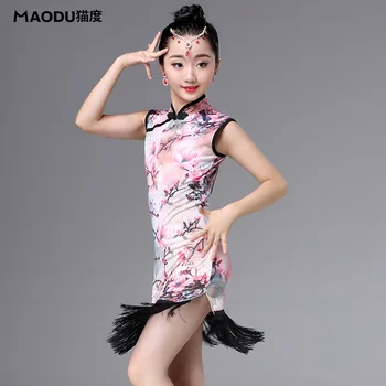 

Turtleneck tassel Sleeveless Latin dance one-piece dresses for little girl/children/kids ballroom Chinese Style costume MD8128