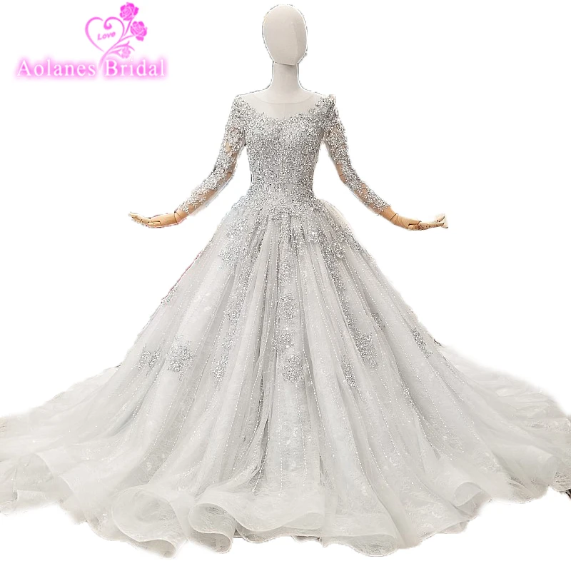 

Grey Long Sleeves 3d Flower Beading Crystal Gowns Elegant Luxury Bridal Dress Robe De Soiree Longue 2018 New Real Picture