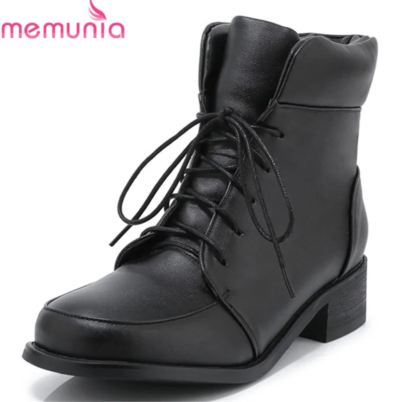 

MEMUNIA 2019 big size 46 women ankle boots pu lace up round toe autumn boots square heels comfortable simple casual shoes woman