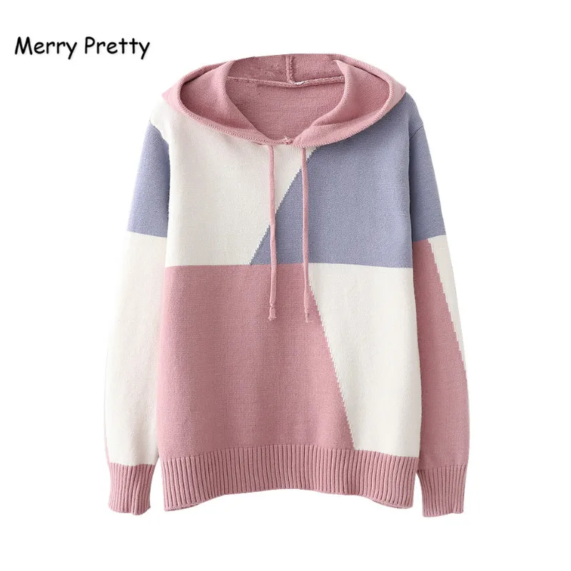 

MERRY PRETTY Women Hit Color Hooded Sweatshirts 2018 Winter Long Sleeve Cotton Pullovers Tracksuits Femme Drawstring Hoodies