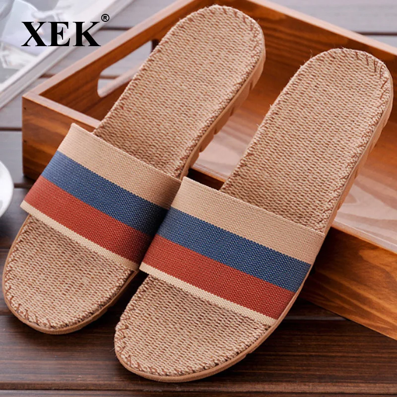 XEK Hot New Summer Men Canvas Linen Non Slip Designer Flat Sandals Home