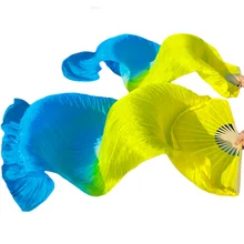 Высококачественные шелковые вееры 1 пара спицы из бамбука ручная работа окрашенные танец живота длинные вентиляторы танцевальный реквизит вентиляторы градиент желтый+ бирюзовый