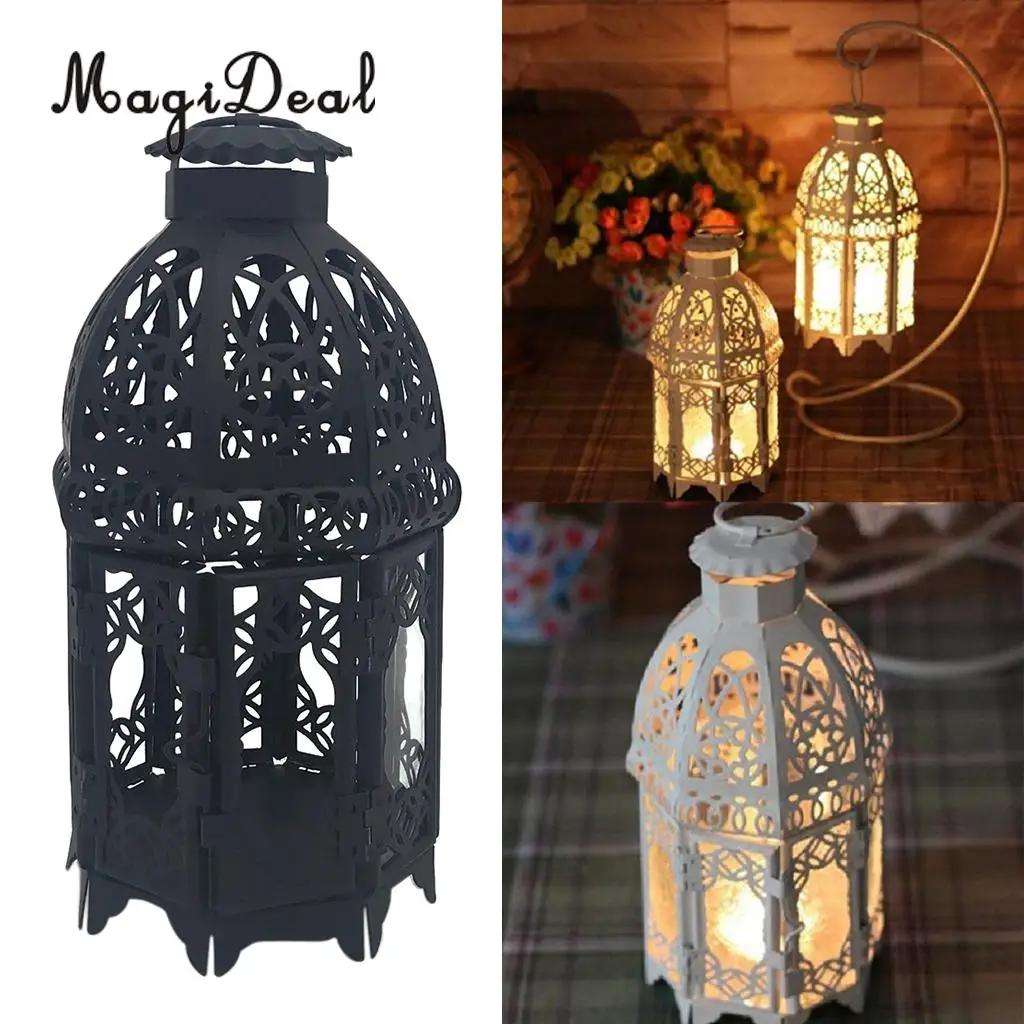 Moroccan Vintage Metal Hollow Glass Moroccan Hanging Tea Light Holder Candle Lantern Xmas Decor