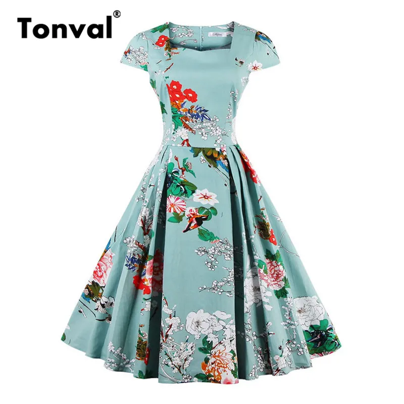 

Tonval Green Elegant Floral Vintage 1950s Cotton Dress Rockabilly Women Cap Sleeve Retro Pleated Summer Dresses