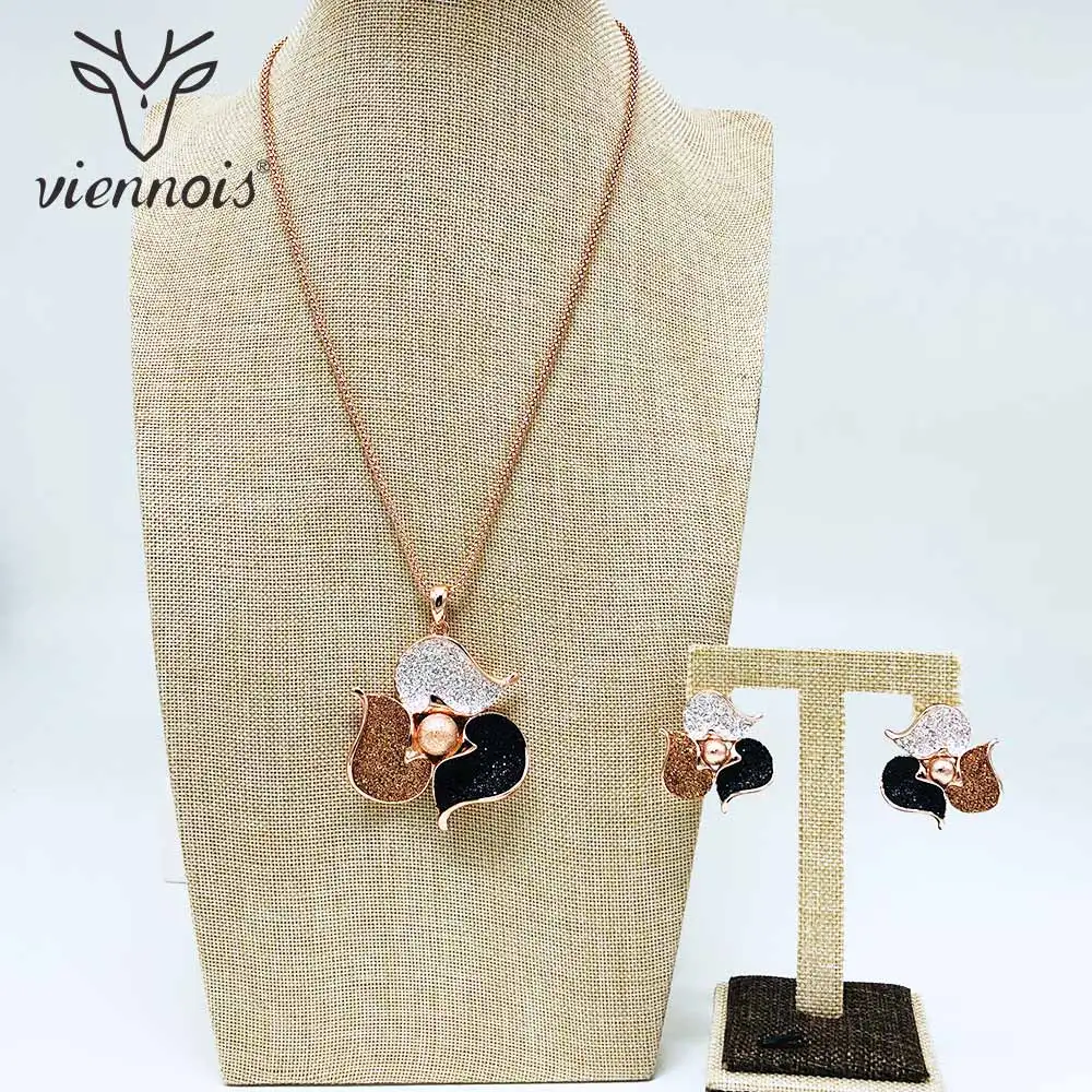 

Viennois Rose Gold & Gold Color Stud Earrings Rhinestone Pendent Necklace Set For Women Metal Party Jewelry Set