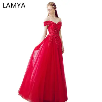 

LAMYA Customized Long Prom Dress 2019 Red Lace Off Shoulder Formal Party Evening Gown For Graduation Vestido de Festa Plus Size