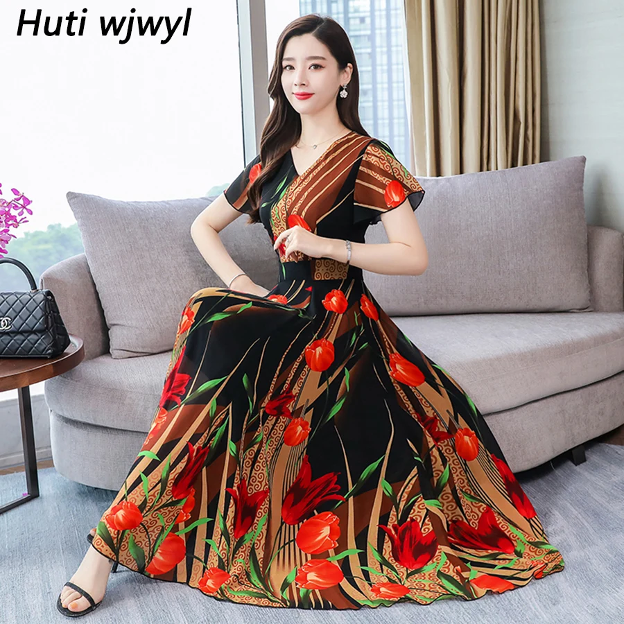 

2019 Floral Chiffon Boho Maxi Dresses Summer Vintage 3XL Plus Size Print Beach Midi Sundress Elegant Women Bodycon Party Vestido