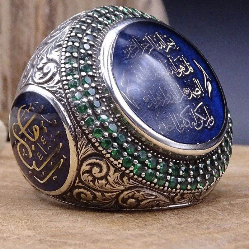Ислам, кольца, высокое качество, крутой, в стиле панк, круглый камень, стразы, кольцо для мужчин, серебряный цвет, резные кольца, подарки для мужчин и женщин, ювелирные изделия - Цвет основного камня: R00191