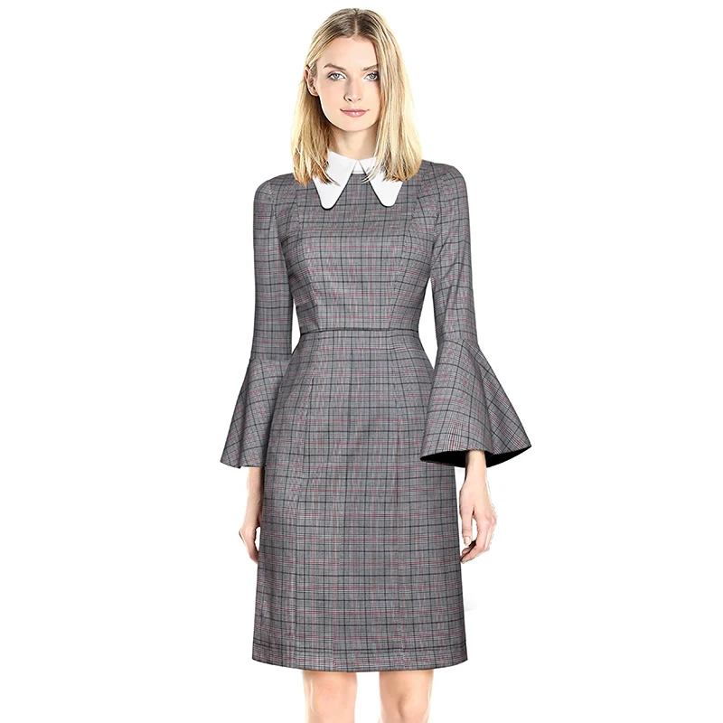 

Hot Sale Women Plaid Print Dress Fashion Turn-Down Collar Flare Sleeve Dresses