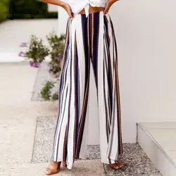 Yanueun 2018 брендовая летняя полосой печати с длинным Длина Широкие штаны эластичные среднего талии Разделение свободные Повседневное Брюки