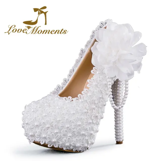 Women's White Lace Platform High Heel Pearls Bridal Wedding Pumps Women's White Lace Platform High Heel Pearls Bridal Wedding Pumps