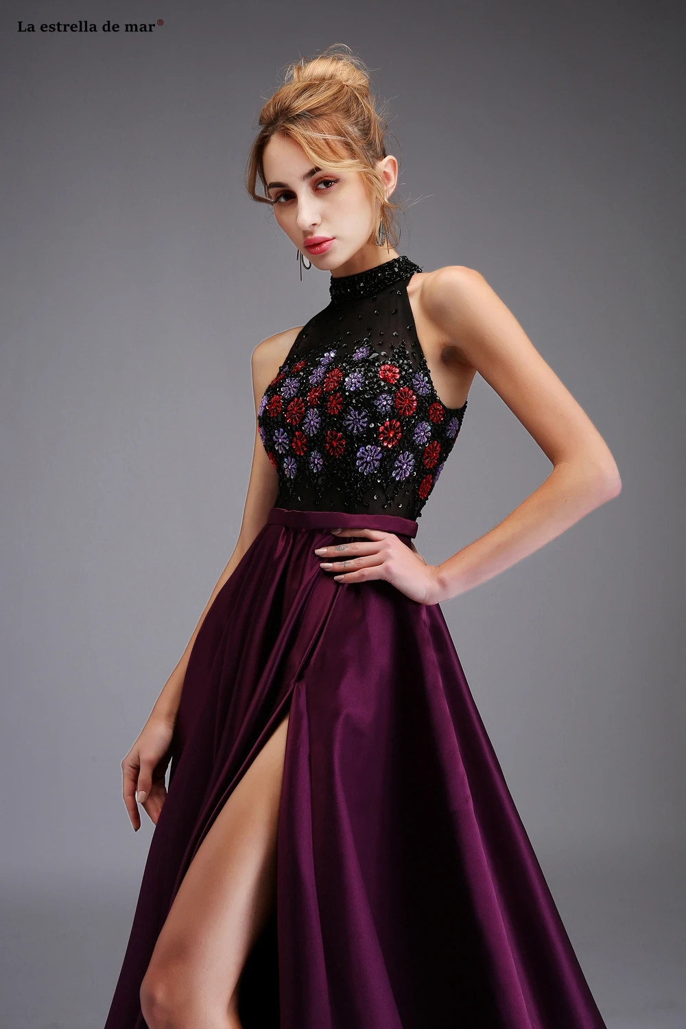 Халат bal de promo2019 новый с высоким воротником, со стразами высокий разрез линия фиолетовое платье на выпускной Длинные Роскошные vestido formatura
