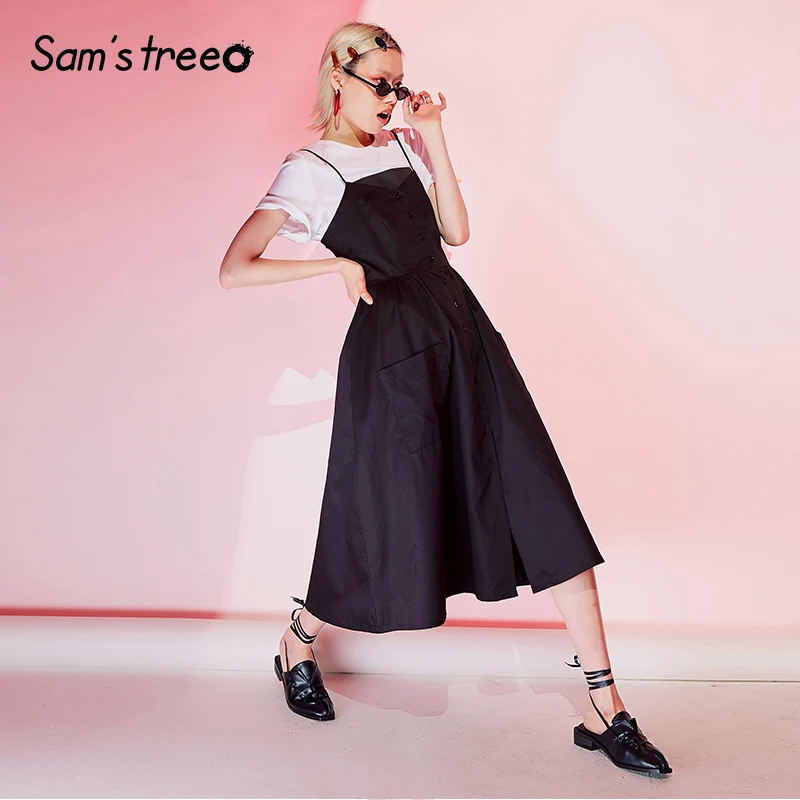 

Samstree Women Summer Spaghetti Strap Dress Plus Size Vintage A-Line Black Dresses with Pockets Buttons Female Long Dress 2019