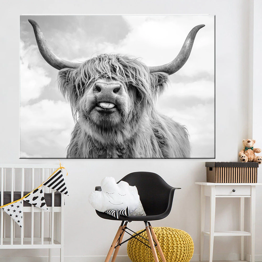 Черно-белая Нагорная корова на холсте, художественная Скандинавская живопись, Постер и печать, скандинавские настенные картины для гостиной
