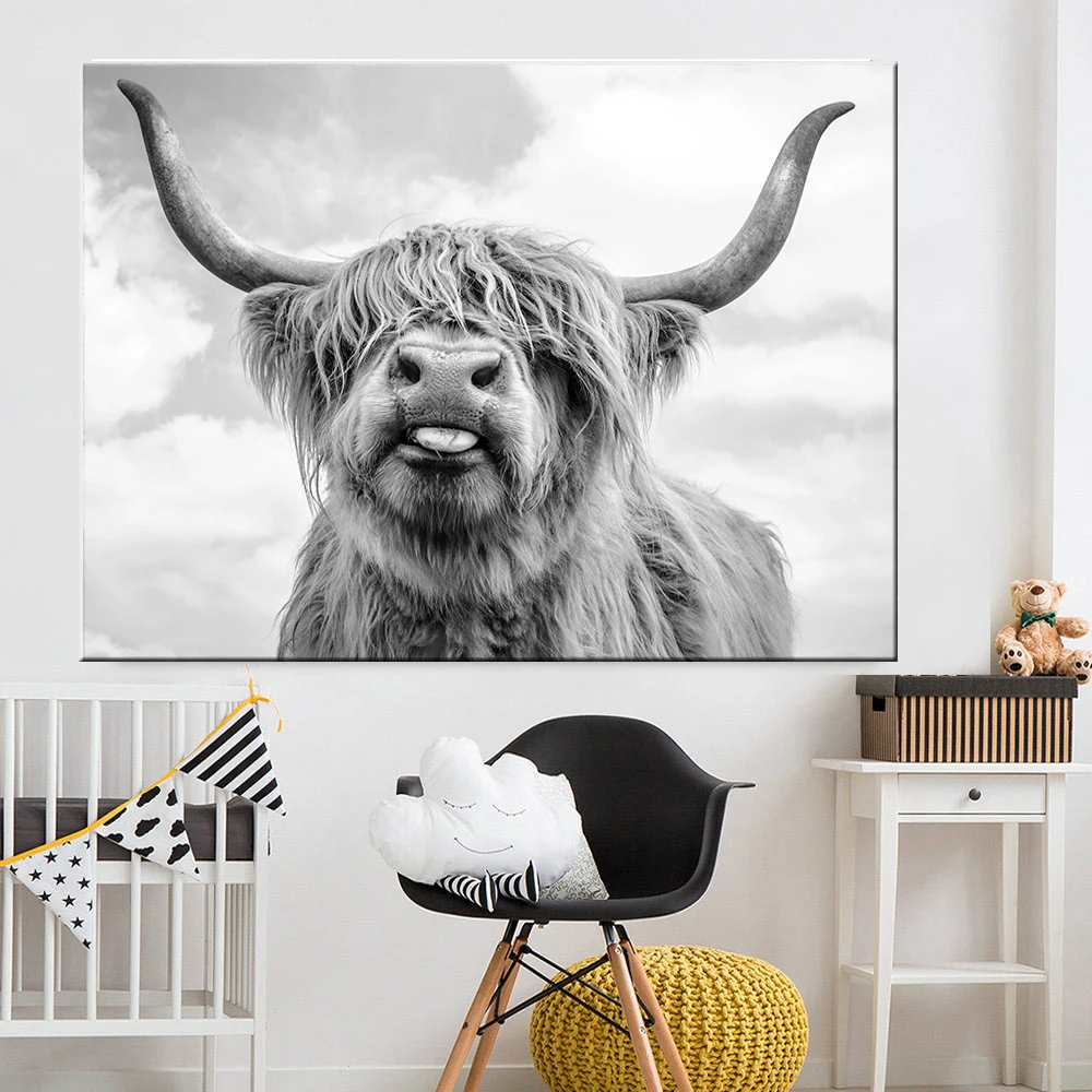 

Black and White Highland Cow Cattle Wall Canvas Art Nordic Painting Poster and Print Scandinavian Wall Picture for Living Room