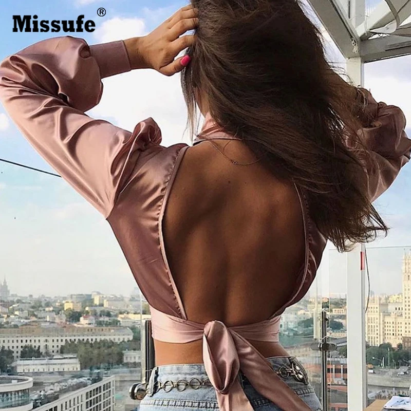 

Missufe Sexy Backless Blouses Shirts Bow Tie Top Shirts Female 2019 Harajuku Long Sleeve Exposed Navel Women Blouse