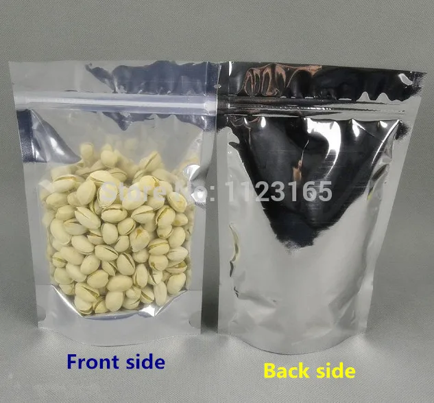 

15x22cm,100 x Font clear Reusable Stand up aluminium zip Lock bag, Silvery Metallic Aluminum foil plastic pouch zipper Grip Seal