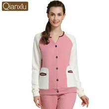 Осенний бренд Qianxiu, повседневные женские теплые пижамные комплекты, Женский хлопковый пижамный комплект, Женский лоскутный свитер с v-образным вырезом+ штаны