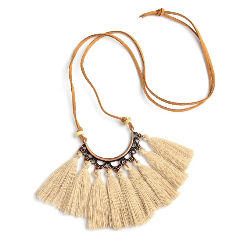 Best Bohemian fringe Tassel Pendant Necklace Green Purple Beige Wool tassels Long chain Necklace for Women BOHO Beach Jewelry Gift