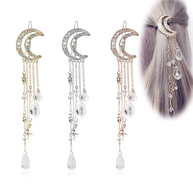 

Newly Women Moon Hair Clip Tassel Hairpins Lady Sweet Long Hair Accessories