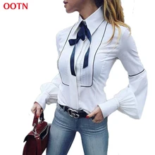 OOTN Office Bow Tie Blouses Women Lantern Sleeve White Tunic Button Down Shirts Female Elegant Top 2017 Winter Autumn Necktie