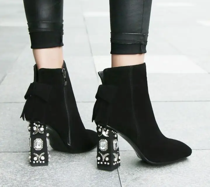 Bottes Court Inside Carré Cheville Daim Mode Automne short Strass En hiver noeud Plush leather Inside Zipper Européenne Talon Inside Leather Chunky Papillon Bout Femmes 2018 qTPnwH6T