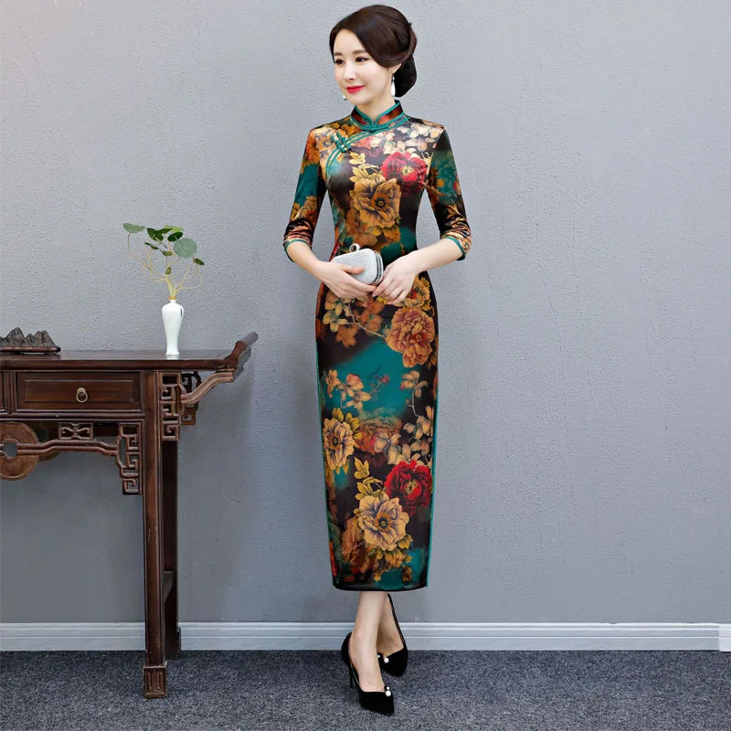 2019 Новое Осеннее бархатное атласное китайское традиционное платье Cheongsam с