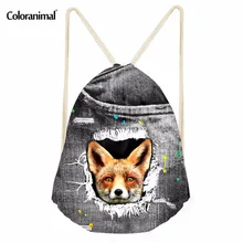 Coloranimal/Модная женская и мужская сумка на шнурке, милые школьные сумки с изображением щенка и лисы, 3D джинсовый Детский рюкзак со шнурком с принтом животных