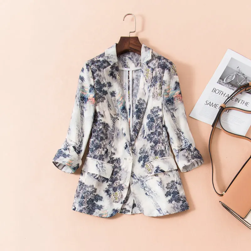 

New 2019 spring summer women remin blazer one button blazers slim elegant 3/4 sleeve office print outerwear