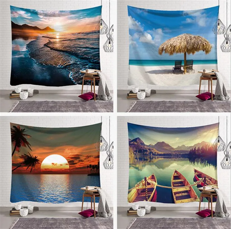 

Europe Style Blue Sky White Cloud Sea Beach Coconut Tapestry Wall Hanging Scenic Tapestries Bedspread Picnic Bed sheet Blanket