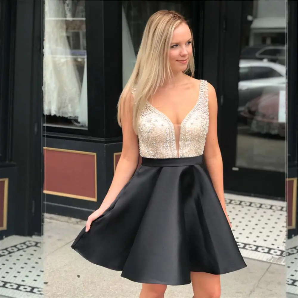 Baijinbay Sparking Бисероплетение платье для выпускного вечера Vestido De Formatura Curto Sheer v-образным вырезом атласные Короткие платья для выпускного на молнии сзади - Цвет: Черный