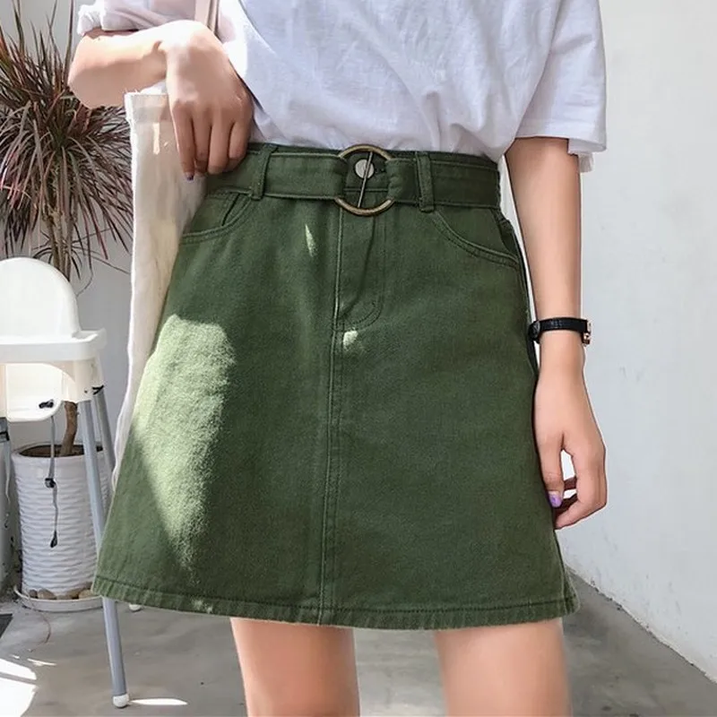 Günstige 5 farben frauen Rock Sommer Hohe Taille Röcke Womens Casual Koreanische A line Mini Rock Harajuku Minimalismus Denim Rock Mit gürtel