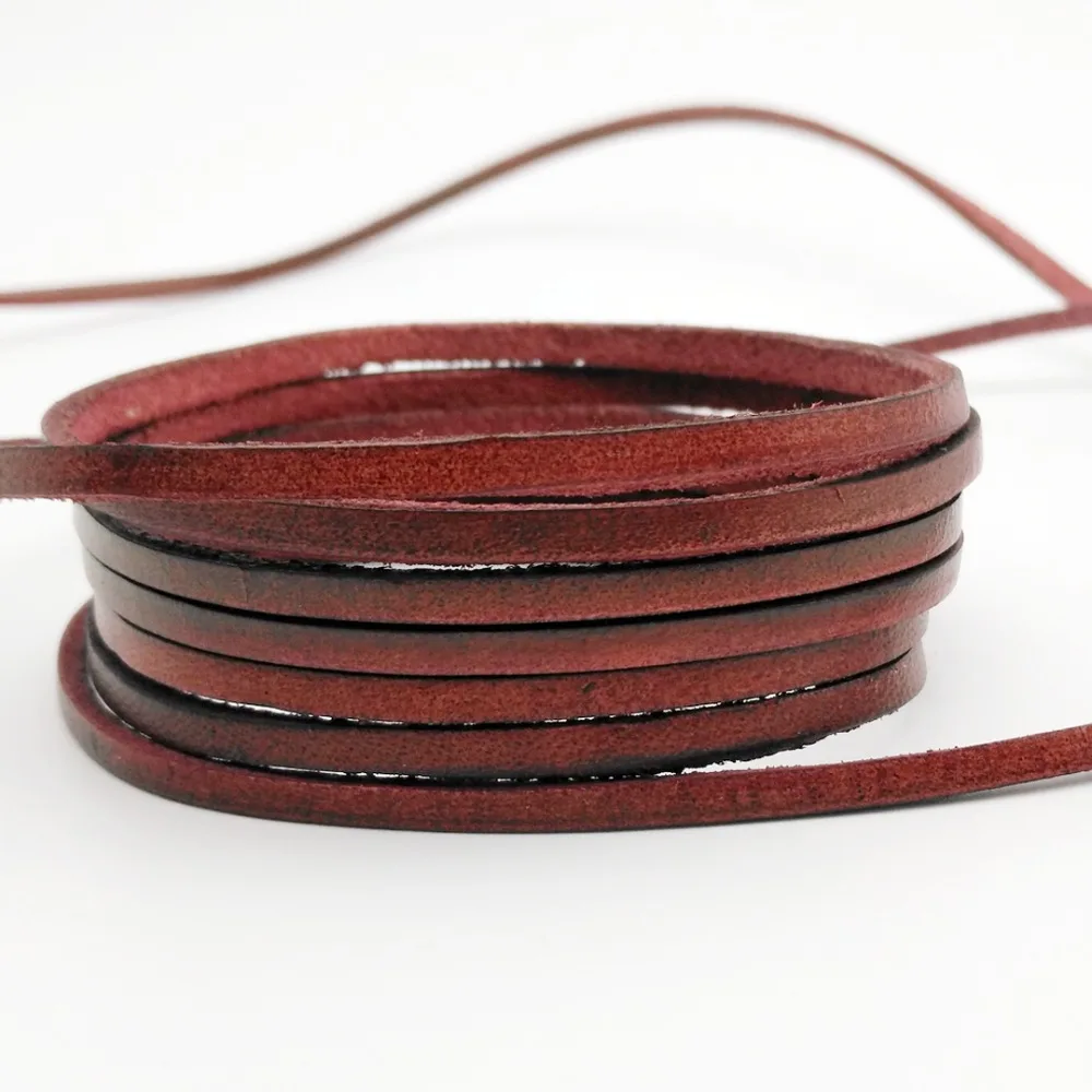 2 Yards 3mmx2mm Distressed Red Coated Cow Hide Real Leather Strip, 3mm