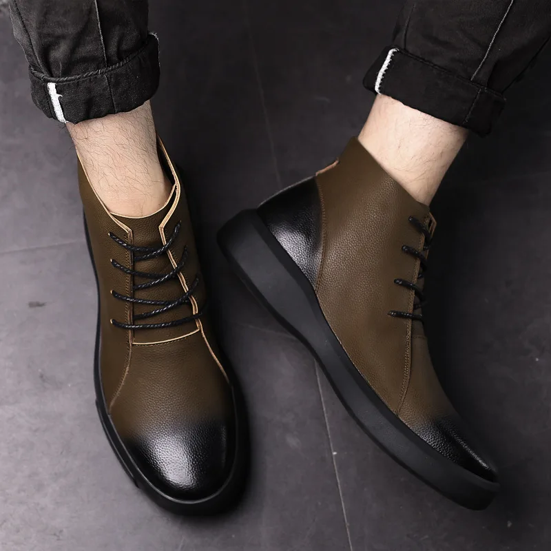 

Vintage Fashion Men's Chelsea Boots Spring/Autumn Cowhide Leisure Shoes Round Toe Split Leather Ankle Boot Lace-up Work Shoes