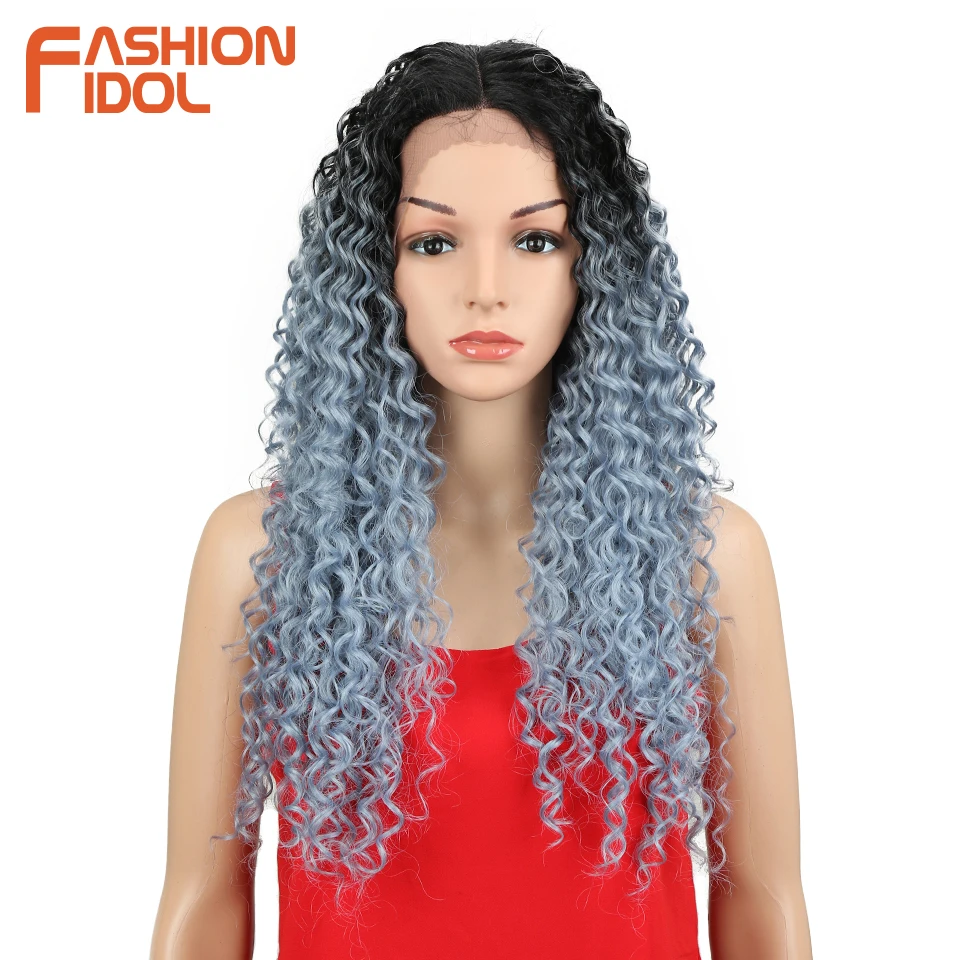 

FASHION IDOL Synthetic Lace Front Wigs Heat Resistant Kinky Curly Blue Lace Front Wig 26Inch Hair Glueless Wigs For Black Women