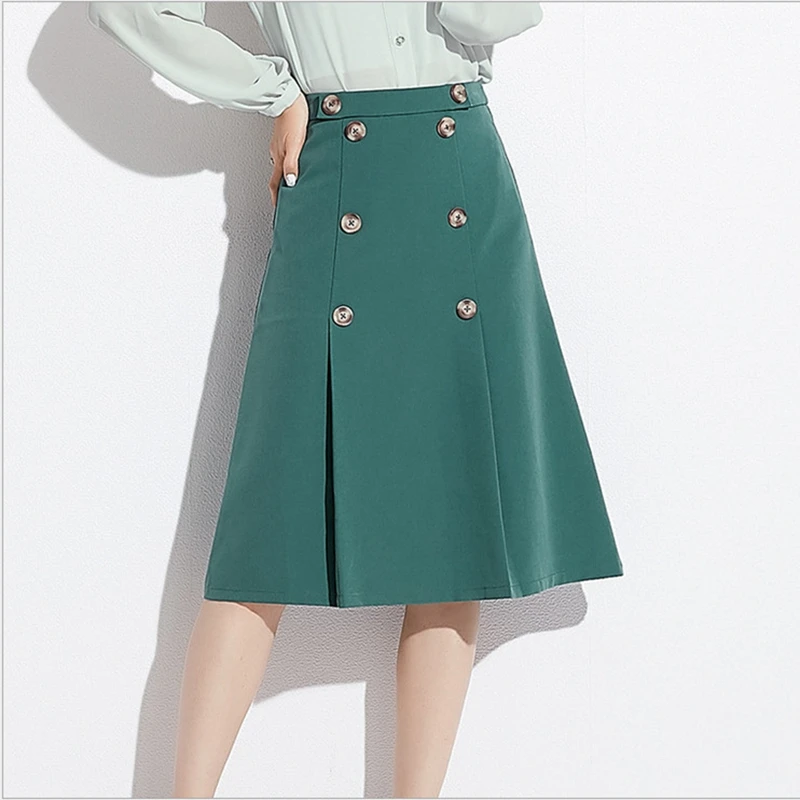 

women elegant green mid calf A-Line skirt button decorate back split faldas mujer ladies basic casual summer chic Pleated skirt