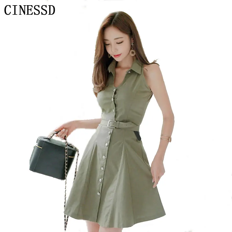 

CINESSD Sexy Elegant Dress 2019 Women Summer Polyester Single-Breasted Notched Solid Sleeveless Tank Dinner Dresses Vestidos