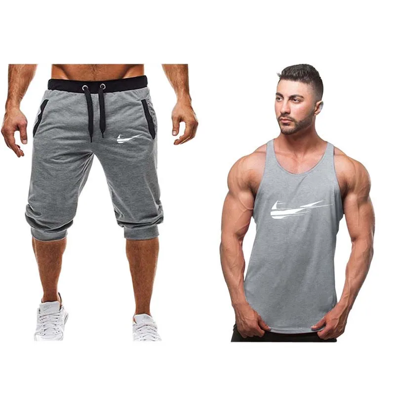 2019 New Summer Men Set 2PC Sporting Suit Short Sleeve Tank top+Shorts Two Piece Set high quality Gym sportwear Tracksuit Men