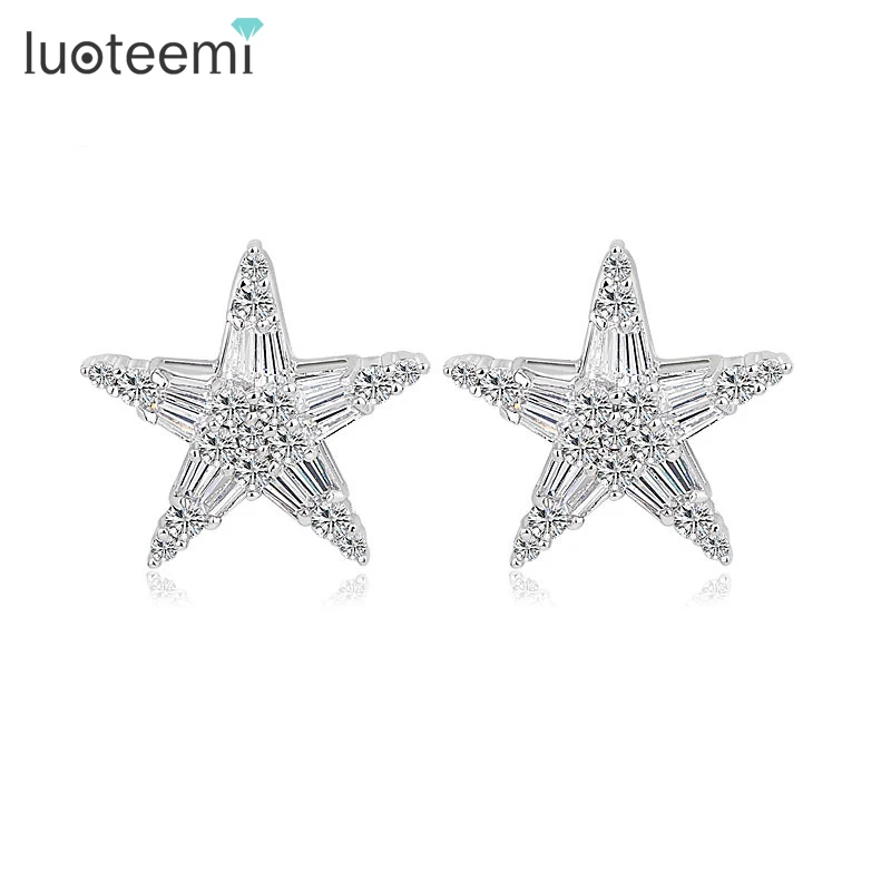 

LUOTEEMI New fashion Exquisite Design Beautiful Sweet CZ Crystal Star Shape Women Charm Stud Earrings White Gold Color Jewelry