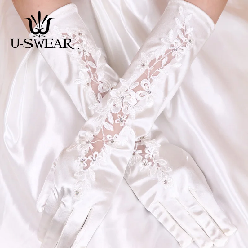 U-SWEAR 2019 Новое поступление Белое кружево Для женщин свадебные перчатки Флора крючком Кристалл бисера Белый перчатки свадебные аксессуары