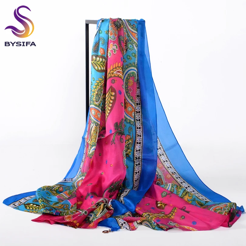 Шелковый шарф с подвеской BYSIFA сине-розовый шарф-шаль рисунком Пейли женские